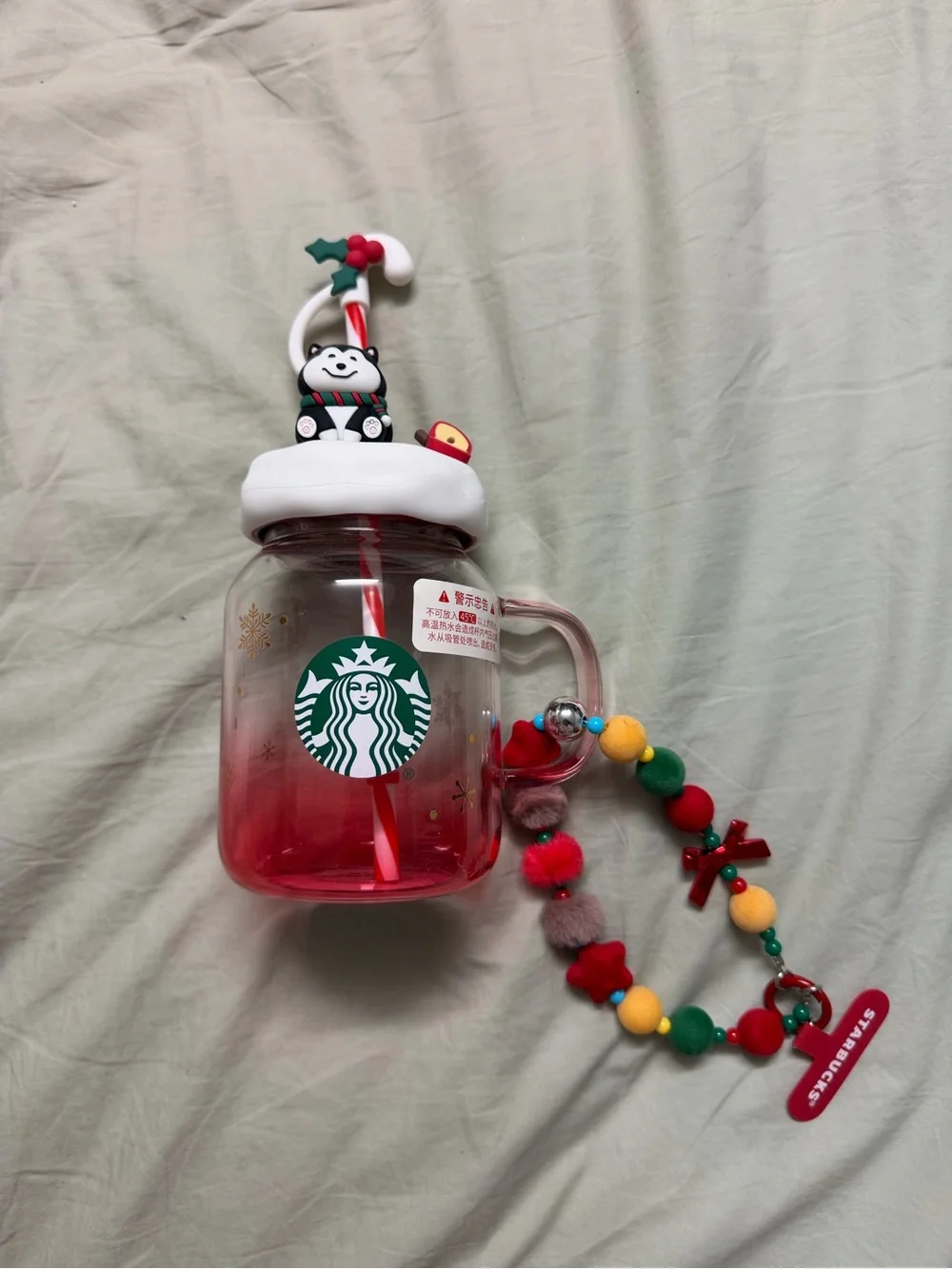 Starbucks Red and White Holiday Mason Jar Cup with Charms